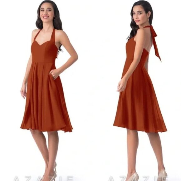 NWT AZAZIE Halter Paprika A Line Sweetheart Neck Satin Dress‎ Kenzie Bias Cut - Picture 1 of 8